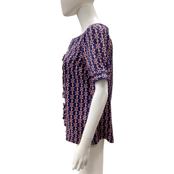 Lilly Pulitzer Top Women’s SZ6 Stirrup Pattern 100% Silk Short Sleeves Navy Blue - Picture 3 of 5